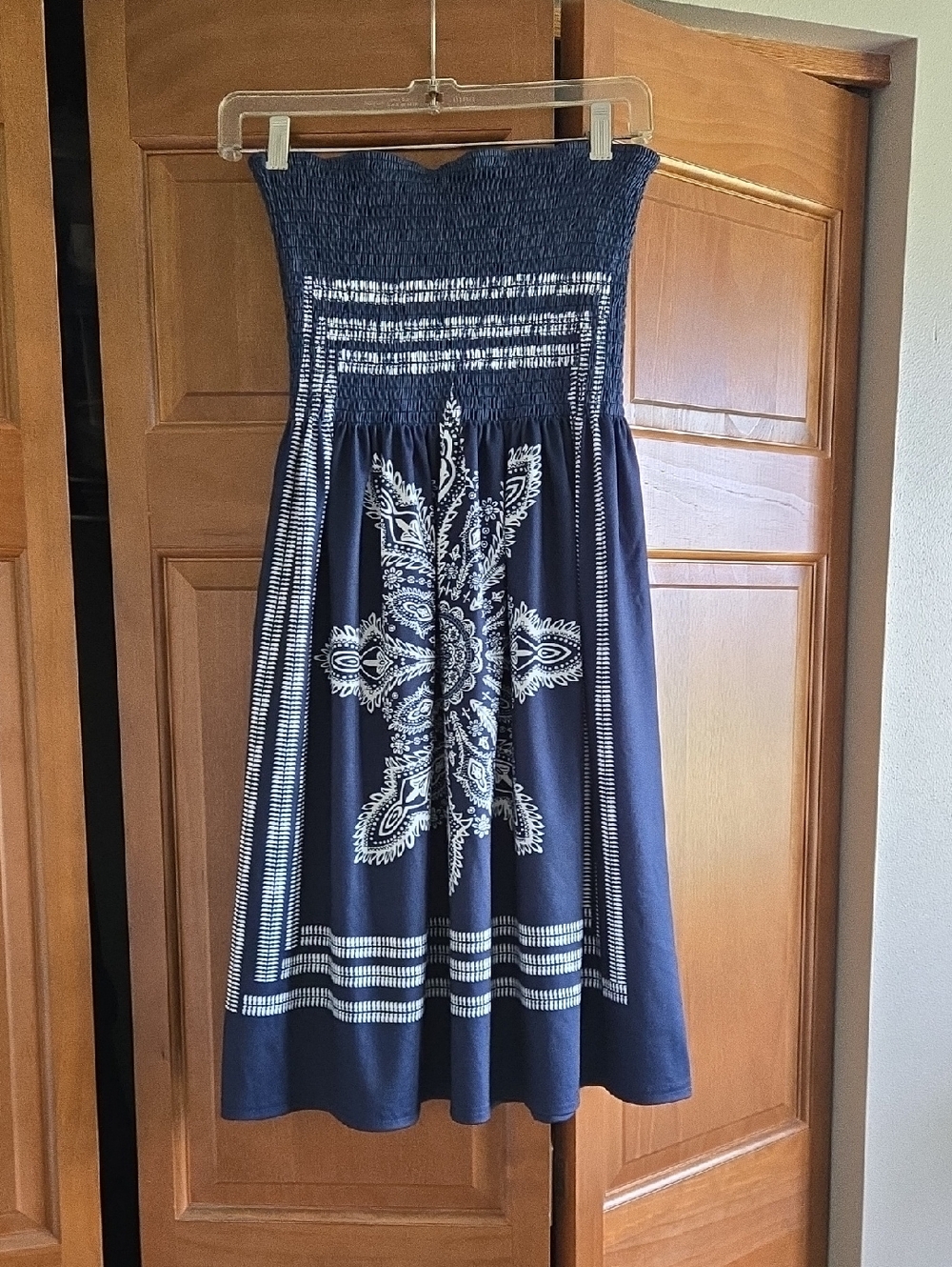 Navy Strapless Smocked Swim Cover Up or Sundress with White Bandana Print